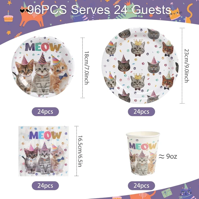 Alt view image 10 of 14 - 96Pcs Cat Birthday Party Supplies Pet Cat Paper Plates and Napkins and Cups Baby Shower Kids Birthday Tea Party Decorations, Serves 24
