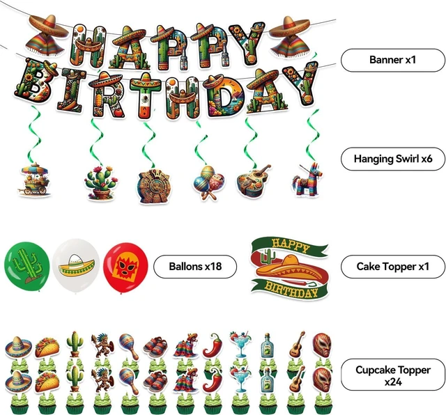 Alt view image 9 of 14 - Mexican Birthday Decoration Set, Mexico Fiesta Happy Birthday Banner, Party Supplies with Banner, Hanging Swirl, Balloon, Cake Topper, Cupcake Topper