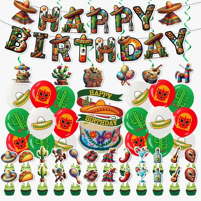 Alt view image 8 of 14 - Mexican Birthday Decoration Set, Mexico Fiesta Happy Birthday Banner, Party Supplies with Banner, Hanging Swirl, Balloon, Cake Topper, Cupcake Topper