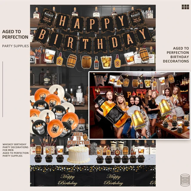 Alt view image 12 of 14 - Whiskey Birthday Party Decorations for Men Aged to Perfection Party Supplies Include Birthday Banner Whiskey Garland Tablecloth Cake Toppers Foil Balloons for Whiskey Party Decorations for Dad Daddy
