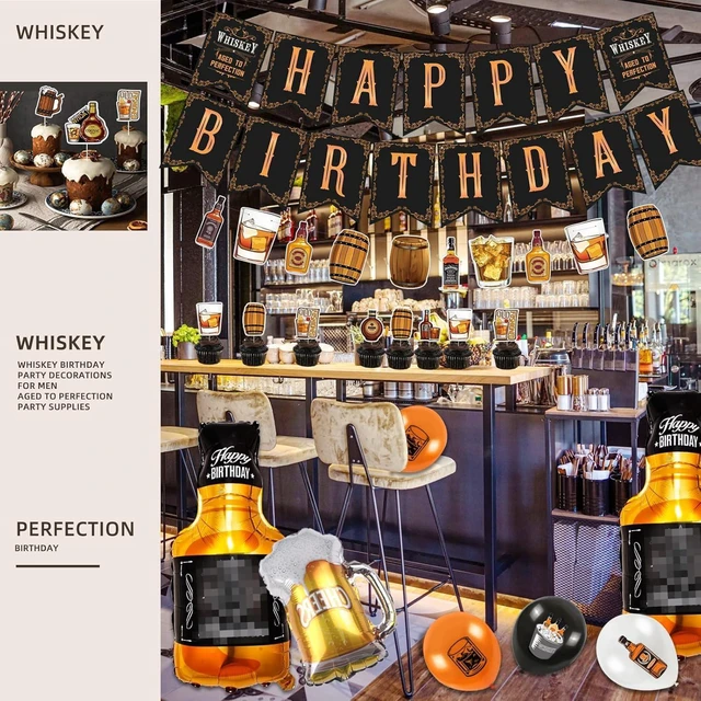 Alt view image 14 of 14 - Whiskey Birthday Party Decorations for Men Aged to Perfection Party Supplies Include Birthday Banner Whiskey Garland Tablecloth Cake Toppers Foil Balloons for Whiskey Party Decorations for Dad Daddy