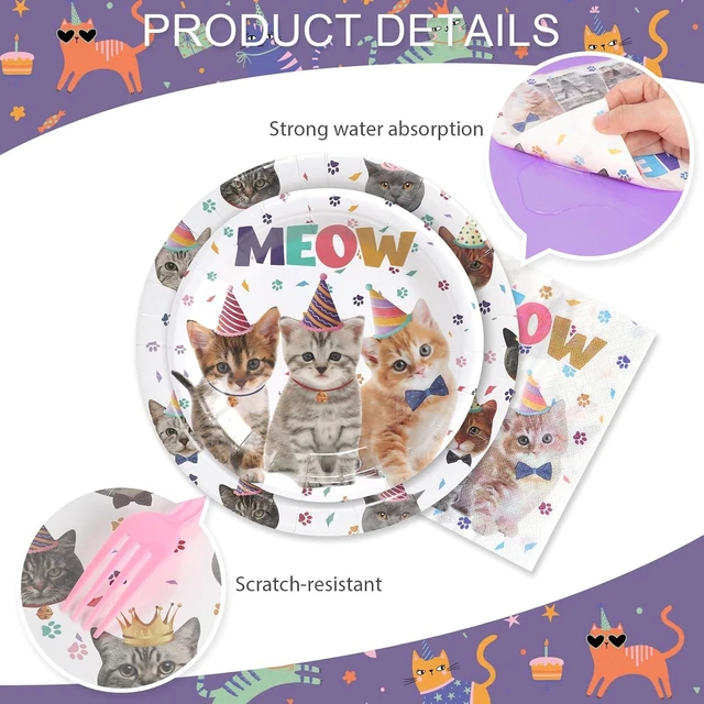 Alt view image 11 of 14 - 96Pcs Cat Birthday Party Supplies Pet Cat Paper Plates and Napkins and Cups Baby Shower Kids Birthday Tea Party Decorations, Serves 24