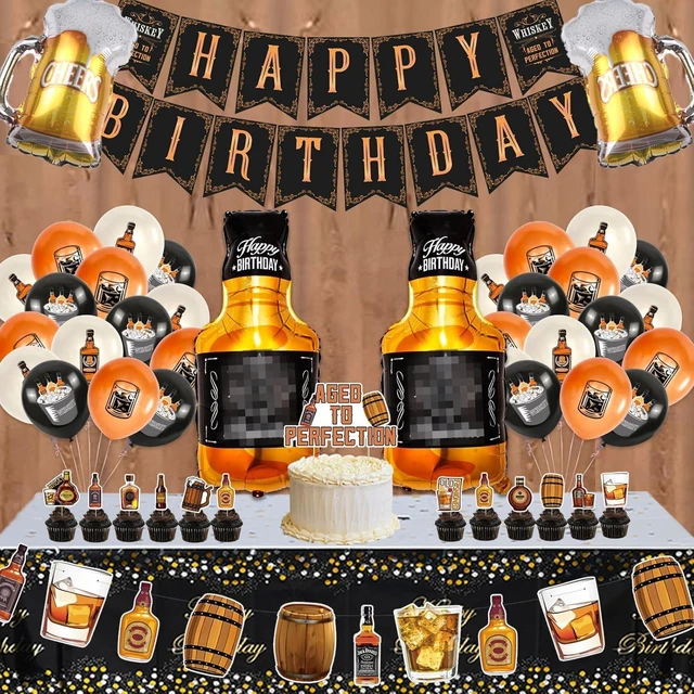 Alt view image 11 of 14 - Whiskey Birthday Party Decorations for Men Aged to Perfection Party Supplies Include Birthday Banner Whiskey Garland Tablecloth Cake Toppers Foil Balloons for Whiskey Party Decorations for Dad Daddy