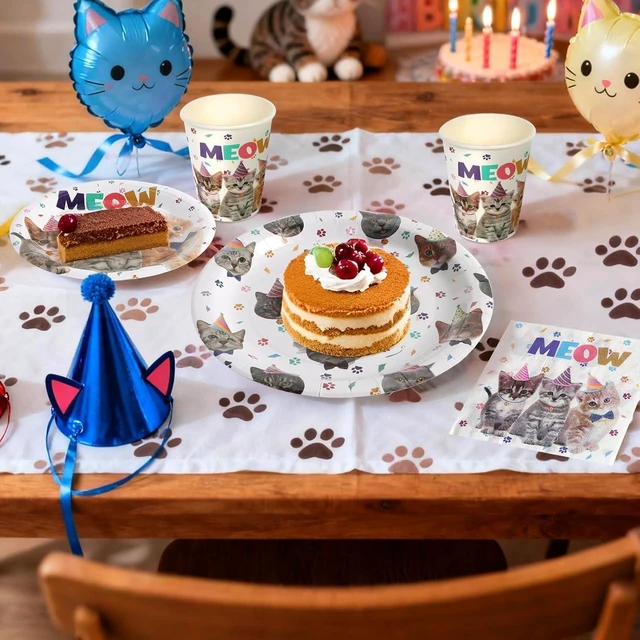 Alt view image 14 of 14 - 96Pcs Cat Birthday Party Supplies Pet Cat Paper Plates and Napkins and Cups Baby Shower Kids Birthday Tea Party Decorations, Serves 24
