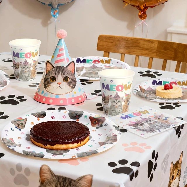 Alt view image 13 of 14 - 96Pcs Cat Birthday Party Supplies Pet Cat Paper Plates and Napkins and Cups Baby Shower Kids Birthday Tea Party Decorations, Serves 24