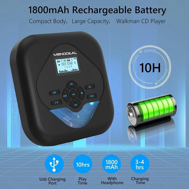Alt view image 14 of 14 - MONODEAL CD Player Portable,Bluetooth CD Player with Speakers,Rechargeable Player for Car and Home,Small Anti-Skip Player with Dual Headphone Jacks,WAV/FLAC/MP3/CD Compatible