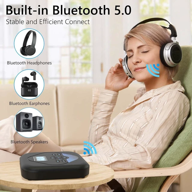 Alt view image 12 of 14 - MONODEAL CD Player Portable,Bluetooth CD Player with Speakers,Rechargeable Player for Car and Home,Small Anti-Skip Player with Dual Headphone Jacks,WAV/FLAC/MP3/CD Compatible