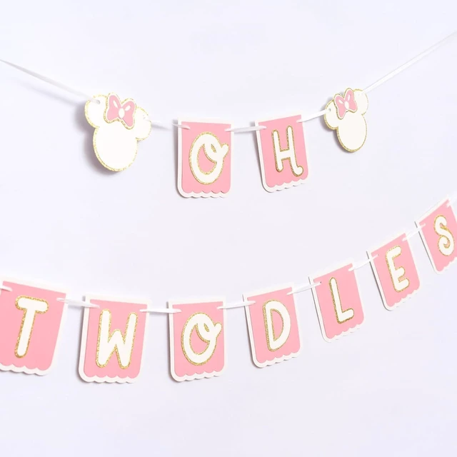 Alt view image 14 of 14 - Oh Twodles Birthday Banner - Mouse 2nd Birthday Banner, Oh Twodles Happy 2nd Birthday Party Decorations Supplies Garland (Pink)