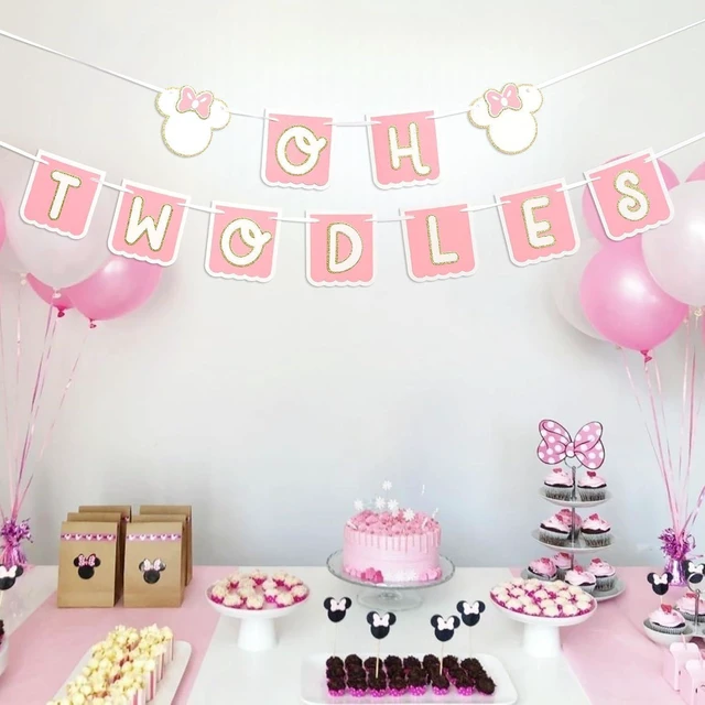 Alt view image 12 of 14 - Oh Twodles Birthday Banner - Mouse 2nd Birthday Banner, Oh Twodles Happy 2nd Birthday Party Decorations Supplies Garland (Pink)