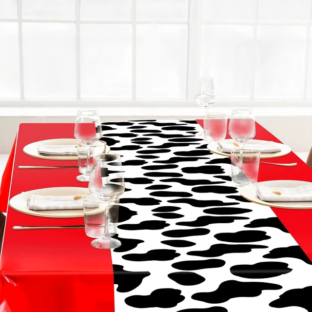 Alt view image 13 of 14 - Oudain 4 Pcs Cow Tablecloth for Party Cowgirl Cow Table Runner Print Rectangular Birthday Party Inspired Decorations Supplies (Red)