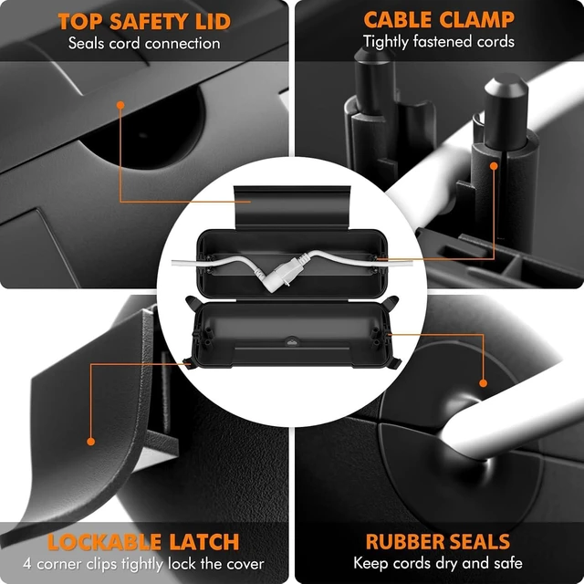 Alt view image 10 of 14 - RESTMO 2 Pack Outdoor Extension Cord Cover, IP44 Waterproof Electrical Box | Weatherproof, Safety Seal Enclosure to Protect Extension Cables, Strip Light, Power Tool, Timers, Black
