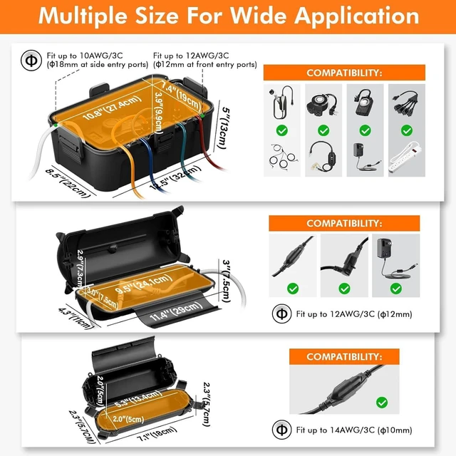 Alt view image 14 of 14 - RESTMO 2 Pack Outdoor Extension Cord Cover, IP44 Waterproof Electrical Box | Weatherproof, Safety Seal Enclosure to Protect Extension Cables, Strip Light, Power Tool, Timers, Black