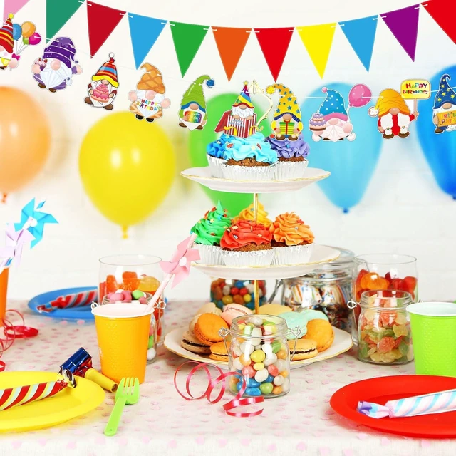 Alt view image 10 of 14 - Sinload 5 Pcs Gnome Happy Birthday Party Bunting Banner Colorful Gnome Birthday Decorations Pennant Banners Rainbow Party Backdrop Supplies