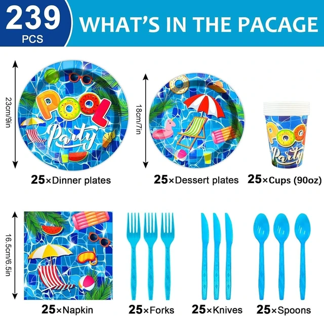 Alt view image 8 of 12 - Qyeahkj 239Pcs Summer Beach Pool Party Birthday Decorations Pool Party Tableware Set Supplies Beach Ball Birthday Favors Hawaii Decor,Serve 25