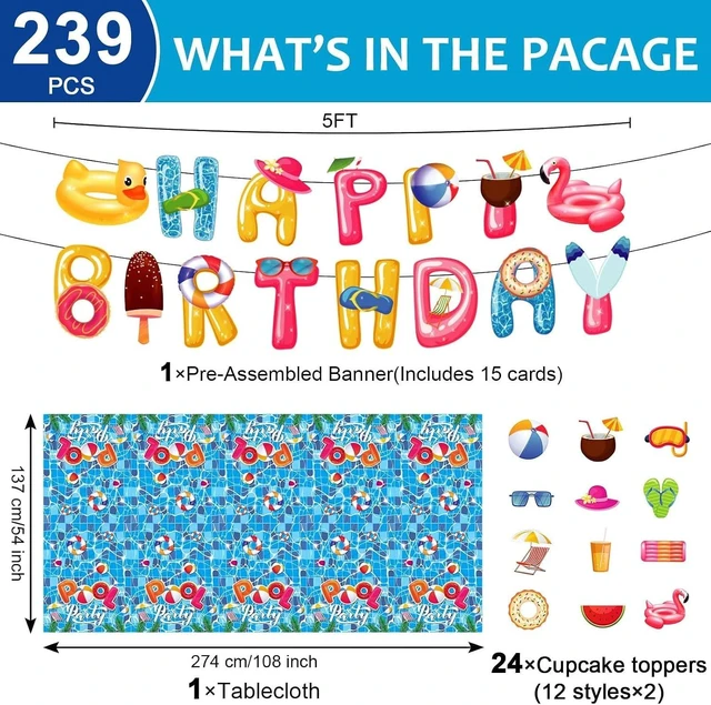 Alt view image 9 of 12 - Qyeahkj 239Pcs Summer Beach Pool Party Birthday Decorations Pool Party Tableware Set Supplies Beach Ball Birthday Favors Hawaii Decor,Serve 25