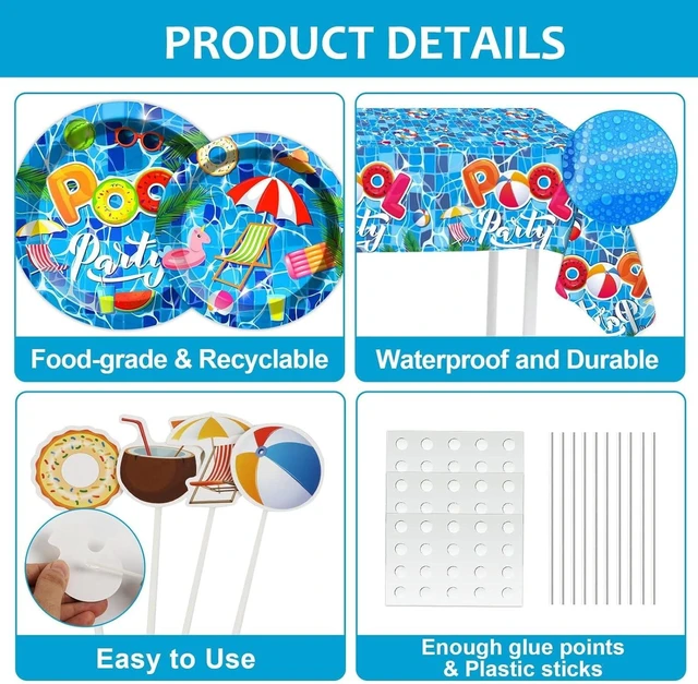 Alt view image 10 of 12 - Qyeahkj 239Pcs Summer Beach Pool Party Birthday Decorations Pool Party Tableware Set Supplies Beach Ball Birthday Favors Hawaii Decor,Serve 25