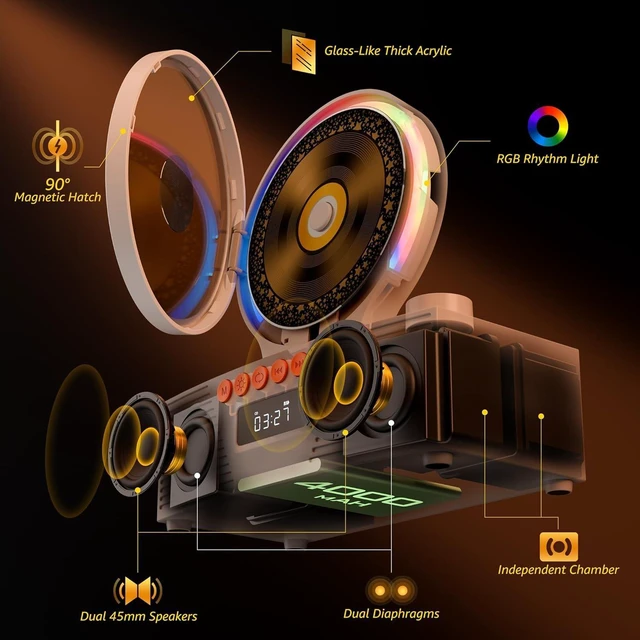 Alt view image 10 of 14 - KOGODA Retro CD Player with Bluetooth 5.3 & Dual Speakers, 4000mAh Rechargeable, 6-in-1 Playback (CD/USB/TF/FM/AUX/BT), RGB Light, Portable Desktop CD Player for Home, Vintage Gift for Music Lovers