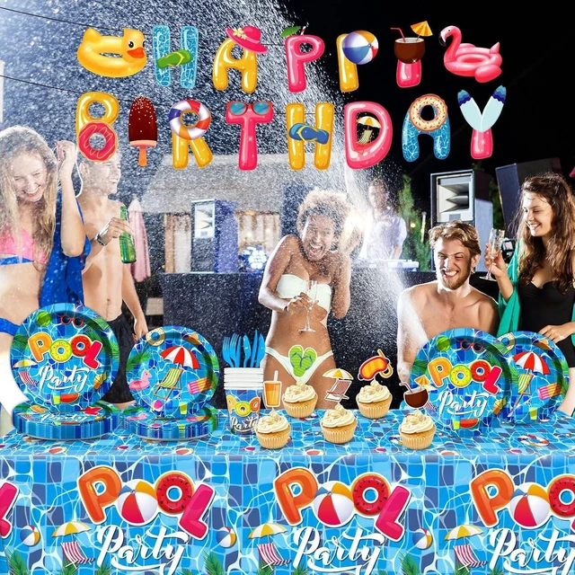 Alt view image 12 of 12 - Qyeahkj 239Pcs Summer Beach Pool Party Birthday Decorations Pool Party Tableware Set Supplies Beach Ball Birthday Favors Hawaii Decor,Serve 25