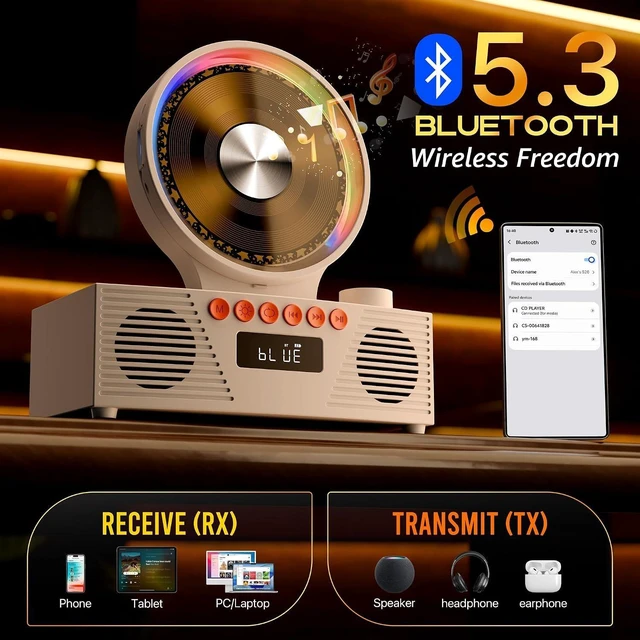 Alt view image 12 of 14 - KOGODA Retro CD Player with Bluetooth 5.3 & Dual Speakers, 4000mAh Rechargeable, 6-in-1 Playback (CD/USB/TF/FM/AUX/BT), RGB Light, Portable Desktop CD Player for Home, Vintage Gift for Music Lovers