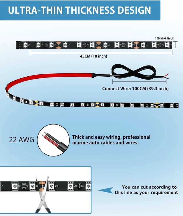 Alt view image 13 of 14 - 12V Led Light Strip 18" Connectable White LEDs Strip Lights for Car Motorcycle Golf Cart Automotive Trucks Boat Waterproof Led Light Strip, 4Pack