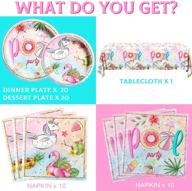 Alt view image 6 of 10 - Pool Birthday Party Supplies - 61Pcs Pool Plate and Napkin Tablecloth Summer Pool Flamingo Theme Table Decoration for Summer Birthday,Beach Party