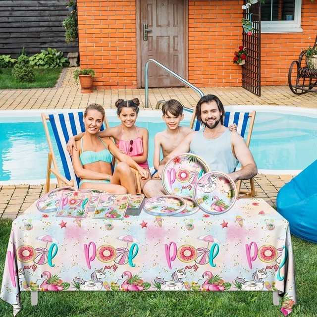 Alt view image 8 of 10 - Pool Birthday Party Supplies - 61Pcs Pool Plate and Napkin Tablecloth Summer Pool Flamingo Theme Table Decoration for Summer Birthday,Beach Party