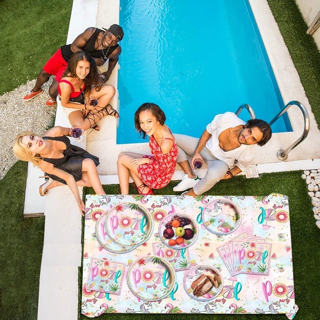 Alt view image 7 of 10 - Pool Birthday Party Supplies - 61Pcs Pool Plate and Napkin Tablecloth Summer Pool Flamingo Theme Table Decoration for Summer Birthday,Beach Party