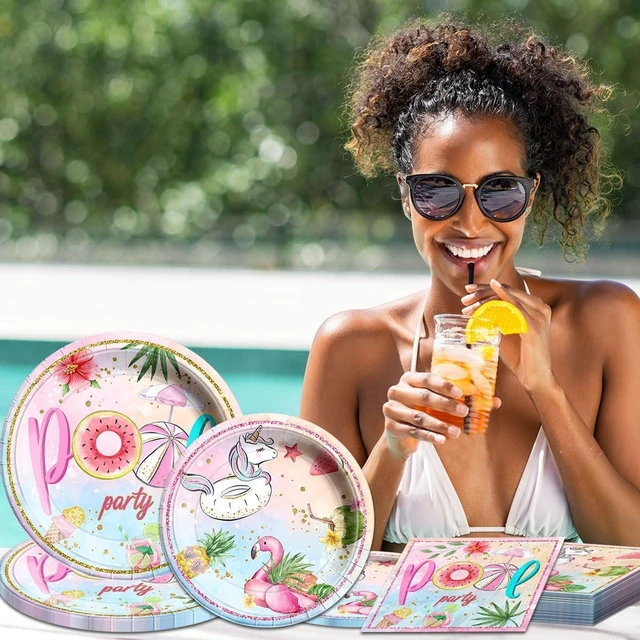 Alt view image 10 of 10 - Pool Birthday Party Supplies - 61Pcs Pool Plate and Napkin Tablecloth Summer Pool Flamingo Theme Table Decoration for Summer Birthday,Beach Party