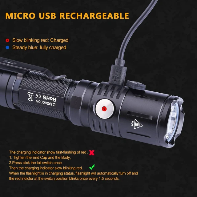Alt view image 14 of 14 - MX65 Tactical Flashlight 1060 Lumens Built-in a Fast Charging Rechargeable LED Handheld Flashlights 5 Brightness Waterproof Flashlight