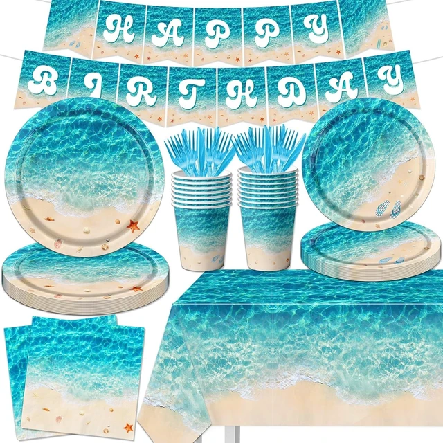 Alt view image 7 of 12 - Beach Party Supplies, 142Pcs Ocean Waves Birthday Party Supplies Tableware Set Summer Pool Party Decorations Plates,Cups,Napkins,Banner,Tablecloth for Hawaiian Party Birthday Decorations
