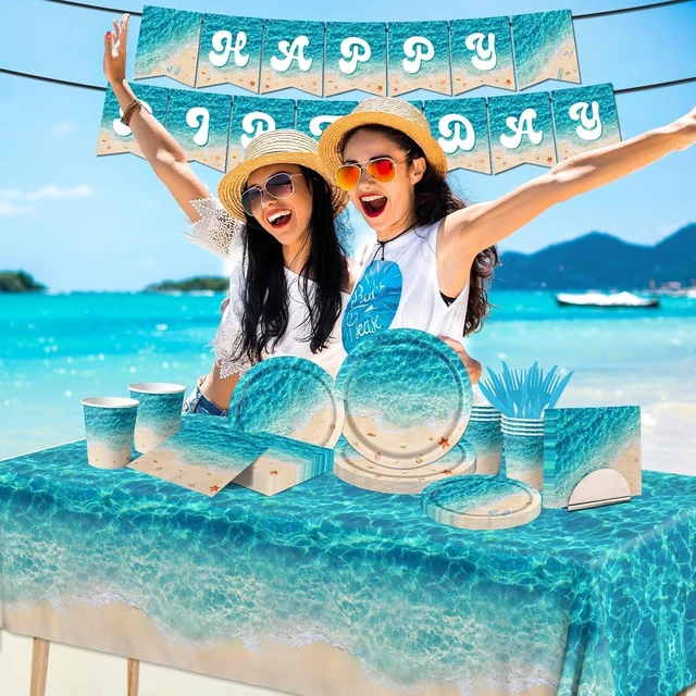 Alt view image 9 of 12 - Beach Party Supplies, 142Pcs Ocean Waves Birthday Party Supplies Tableware Set Summer Pool Party Decorations Plates,Cups,Napkins,Banner,Tablecloth for Hawaiian Party Birthday Decorations