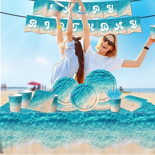 Alt view image 10 of 12 - Beach Party Supplies, 142Pcs Ocean Waves Birthday Party Supplies Tableware Set Summer Pool Party Decorations Plates,Cups,Napkins,Banner,Tablecloth for Hawaiian Party Birthday Decorations