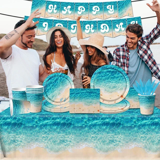 Alt view image 8 of 12 - Beach Party Supplies, 142Pcs Ocean Waves Birthday Party Supplies Tableware Set Summer Pool Party Decorations Plates,Cups,Napkins,Banner,Tablecloth for Hawaiian Party Birthday Decorations
