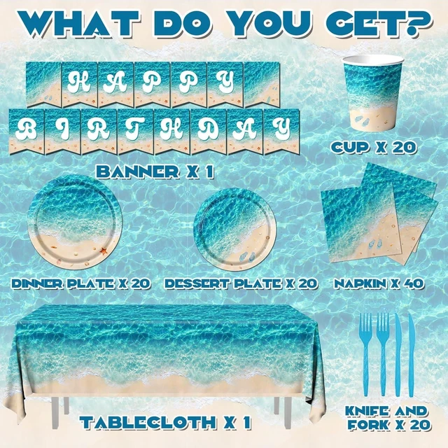 Alt view image 12 of 12 - Beach Party Supplies, 142Pcs Ocean Waves Birthday Party Supplies Tableware Set Summer Pool Party Decorations Plates,Cups,Napkins,Banner,Tablecloth for Hawaiian Party Birthday Decorations