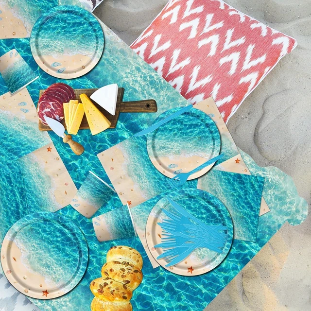 Alt view image 11 of 12 - Beach Party Supplies, 142Pcs Ocean Waves Birthday Party Supplies Tableware Set Summer Pool Party Decorations Plates,Cups,Napkins,Banner,Tablecloth for Hawaiian Party Birthday Decorations