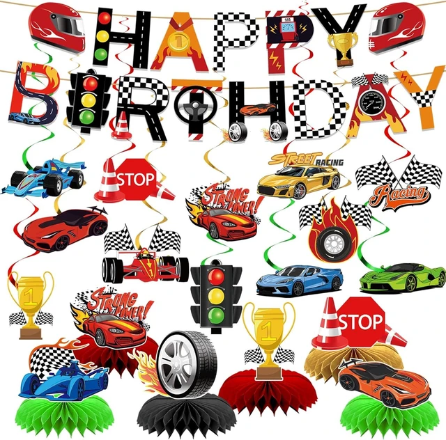 Alt view image 7 of 12 - Race Car Party Decorations Race Cars Happy Birthday Banner Racer Hanging Swirls Car Themed Honeycomb Centerpieces for Cars Birthday Party Supplies
