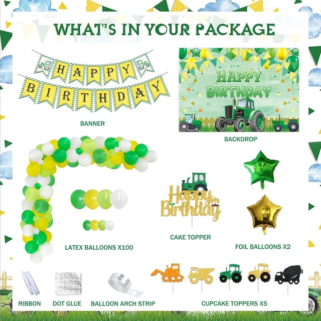 Alt view image 9 of 14 - Hombae Tractor Birthday Party Decorations, Farm Green Tractor Themed Party Supplies with Backdrop, Balloon Garland, Banner, Cake Topper