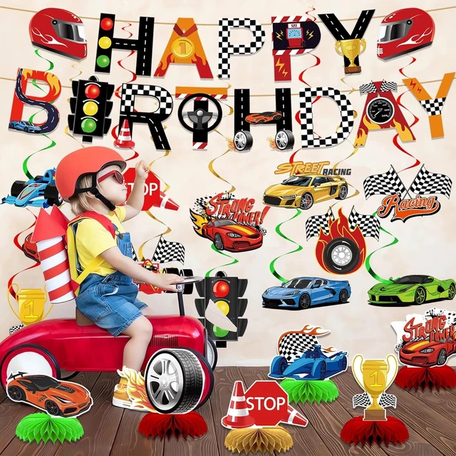 Alt view image 12 of 12 - Race Car Party Decorations Race Cars Happy Birthday Banner Racer Hanging Swirls Car Themed Honeycomb Centerpieces for Cars Birthday Party Supplies
