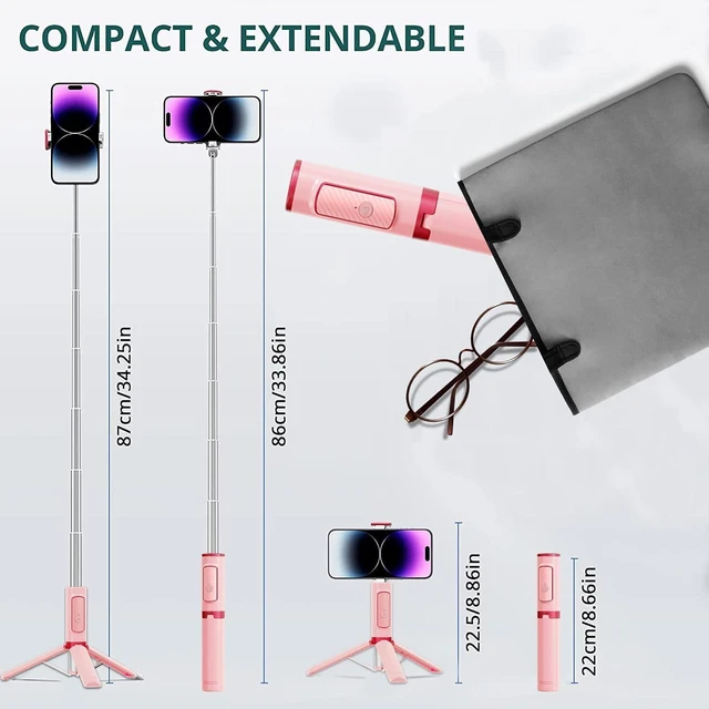 Alt view image 9 of 14 - Selfie Stick, Foldable Cellphone Tripod with Remote, Travel Tripod for iPhone Series Android, Video Recording - Pink