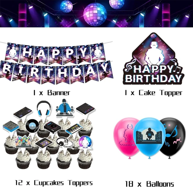 Alt view image 13 of 14 - DJ Party Supplies DJ Birthday Party Decorations Includes Happy Birthday Banner Cake Topper Cupcake Toppers Balloons for Rock DJ Theme Birthday Party Music Party