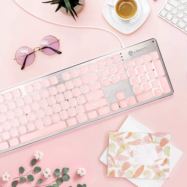 Alt view image 9 of 14 - Computer Keyboard, Backlit LED Pink for Office, All-Metal Panel USB Wired Membrane, 25 Keys Anti-ghosting, 104 Keys Laptop Compatible