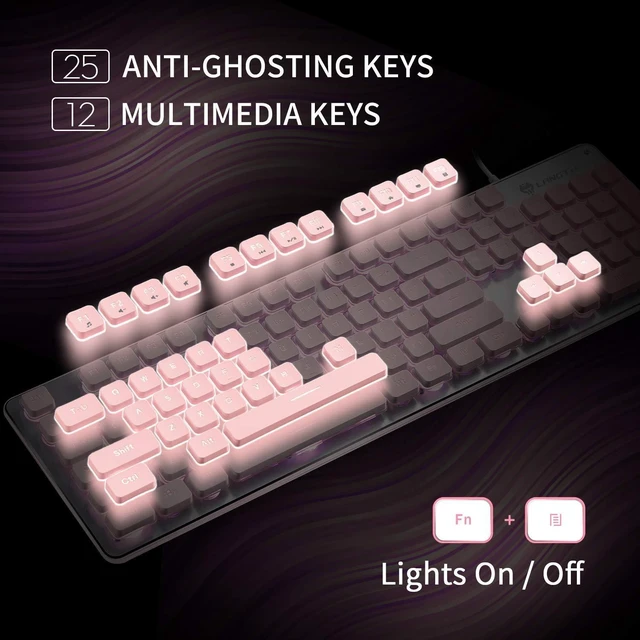 Alt view image 11 of 14 - Computer Keyboard, Backlit LED Pink for Office, All-Metal Panel USB Wired Membrane, 25 Keys Anti-ghosting, 104 Keys Laptop Compatible