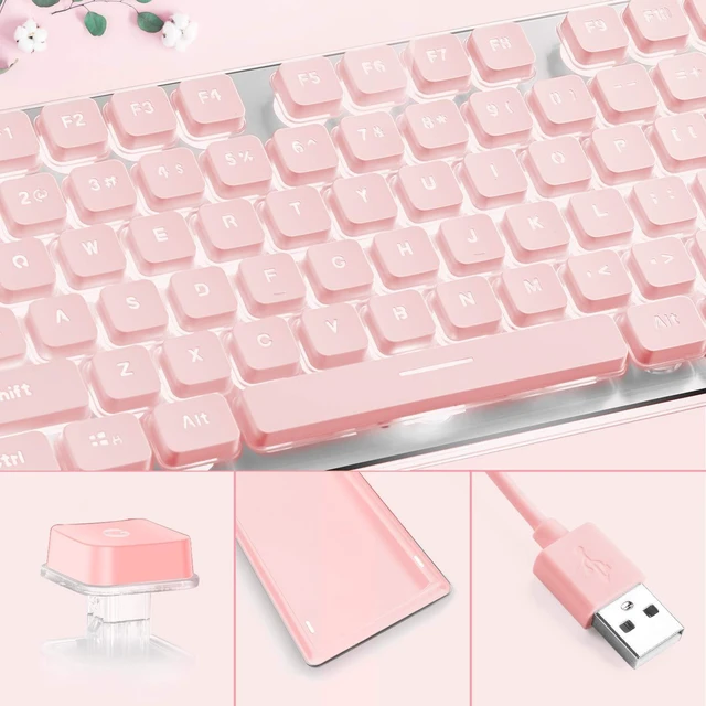 Alt view image 10 of 14 - Computer Keyboard, Backlit LED Pink for Office, All-Metal Panel USB Wired Membrane, 25 Keys Anti-ghosting, 104 Keys Laptop Compatible