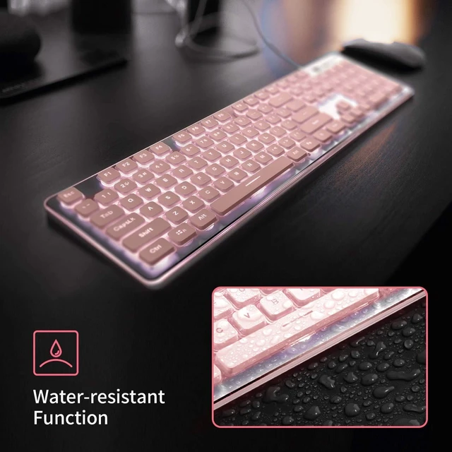 Alt view image 12 of 14 - Computer Keyboard, Backlit LED Pink for Office, All-Metal Panel USB Wired Membrane, 25 Keys Anti-ghosting, 104 Keys Laptop Compatible