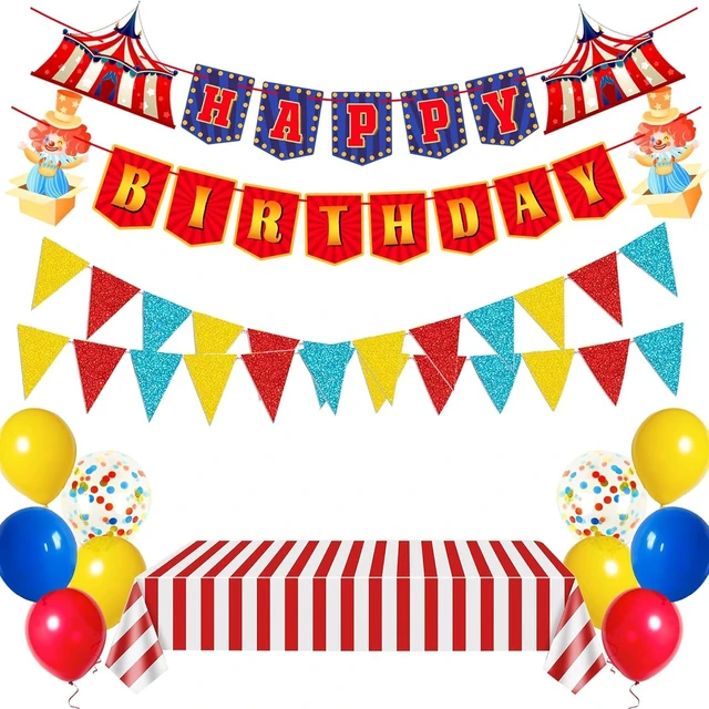 Alt view image 7 of 12 - Circus Carnival Party Decorations Happy Birthday Banner Carnival Theme Balloons Circus Themed Tablecloth for Carnival Circus Birthday Party Supplies