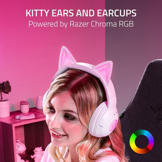Alt view image 9 of 14 - Kraken Kitty V2 BT Wireless RGB Headset: Chroma RGB Kitty Ears & Earcups - Bluetooth 5.2-40 mm Drivers - Noise-Cancelling Mics - Lightweight - 40 Hr Battery w/Type C Charging - White