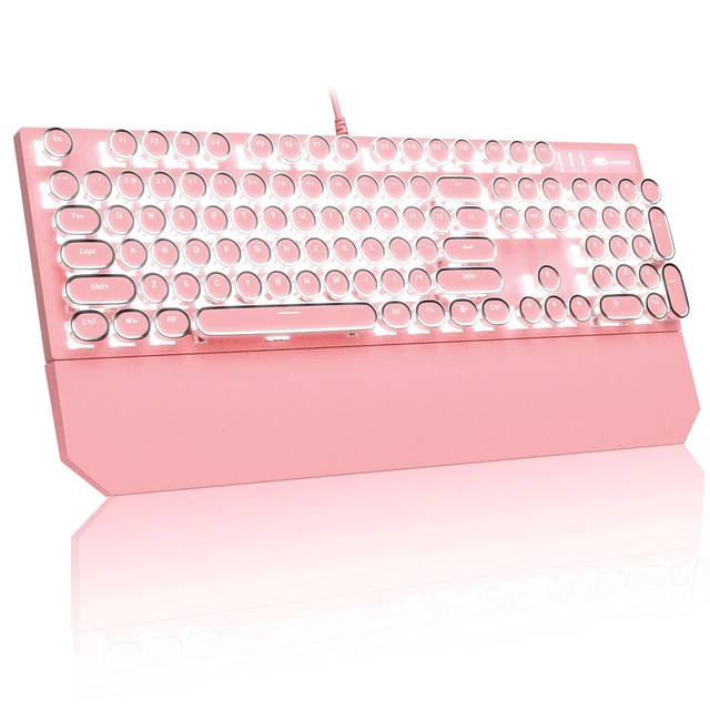 Alt view image 8 of 14 - Typewriter Mechanical Gaming Keyboard, Retro Punk Pink Round Keycaps, 104 Keys LED White Backlit Wired Keyboards for Laptop MAC PC Gamer, with Magnetic Wrist Rest, Blue Switch