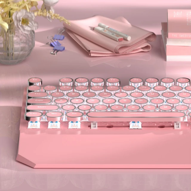 Alt view image 9 of 14 - Typewriter Mechanical Gaming Keyboard, Retro Punk Pink Round Keycaps, 104 Keys LED White Backlit Wired Keyboards for Laptop MAC PC Gamer, with Magnetic Wrist Rest, Blue Switch