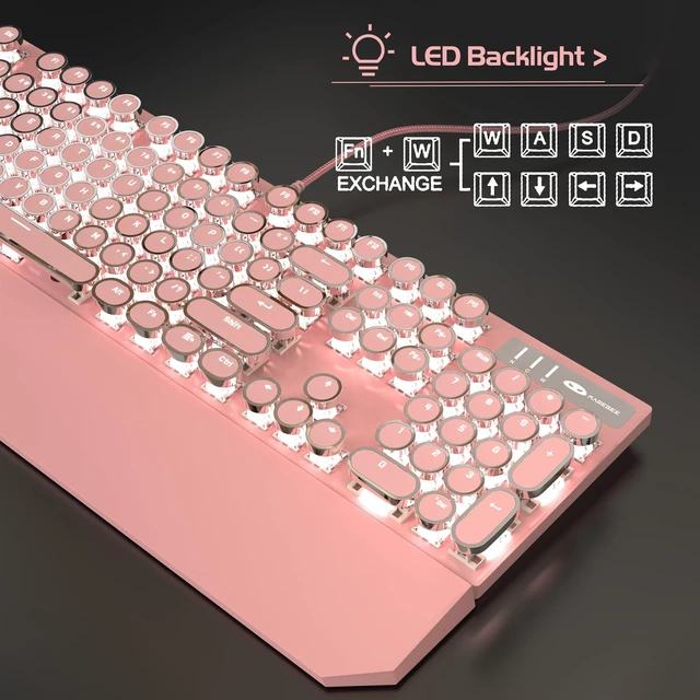 Alt view image 12 of 14 - Typewriter Mechanical Gaming Keyboard, Retro Punk Pink Round Keycaps, 104 Keys LED White Backlit Wired Keyboards for Laptop MAC PC Gamer, with Magnetic Wrist Rest, Blue Switch