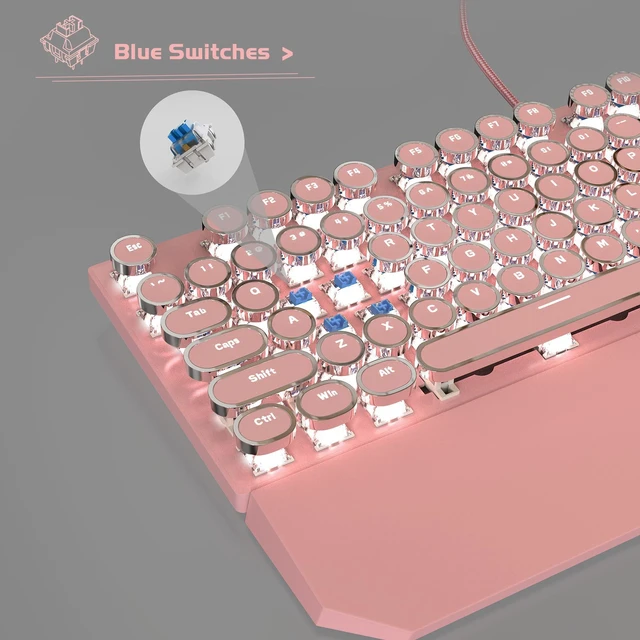 Alt view image 13 of 14 - Typewriter Mechanical Gaming Keyboard, Retro Punk Pink Round Keycaps, 104 Keys LED White Backlit Wired Keyboards for Laptop MAC PC Gamer, with Magnetic Wrist Rest, Blue Switch